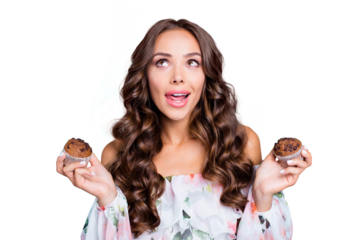 Close up portrait of beautiful, attractive, pretty, dreamy, charming curly lady people, person look aside hold muffins in hands isolated on shine teal background