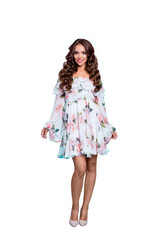 Full length, legs, body, size vertical portrait of curly brunette stand isolated on shine teal background in white light summer wear