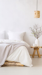 Minimalist bedroom interior with white bedding, wooden stool, plant and lamp
