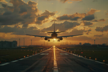 Airplane in the air over the runway against sunset background