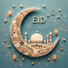 Happy Eid Mubarak greeting card with moon and mosque