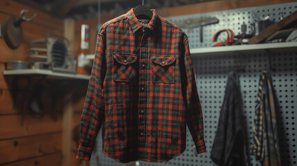 Plaid flannel shirt, suspended from a pegboard hook. - obrazy, fototapety, plakaty