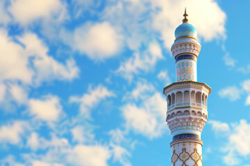 Obraz premium close up of islamic tower mosque with blue sky in background. ramadan kareem banner background. ramadan kareem holiday celebration concept