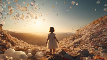 A little girl in a white dress stands on a mountain of garbage with plastic waste and looks at a beautiful sunset. Environmental problems of overconsumption. Social problem of homeless children.