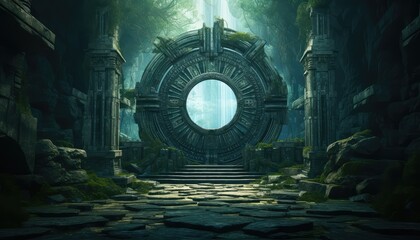 fantasy temporary majestic stone portal to another world time portal mysterious fantasy - obrazy, fototapety, plakaty