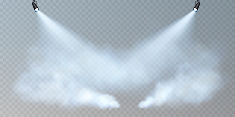 Stage with directional light on transparent background, neon light, empty stage and studio room with floating smoke. For product demonstrations.