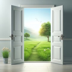 open door to beautiful landscape with meadow and flowers, 3d render