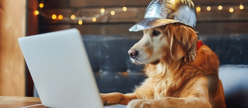 A dog wears a tinfoil hat while using a laptop.
