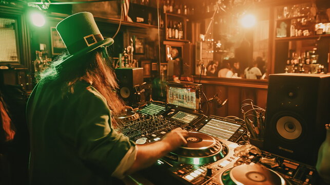Leprechaun as a DJ in Irish night club or bar on saint patrick's day, green