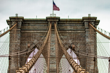 Panoramic view of the incredible Brooklyn Suspension Bridge linking the boroughs of Manhattan and...