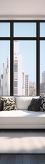 Cityscape view from modern living room with white sofa and black and white pillows