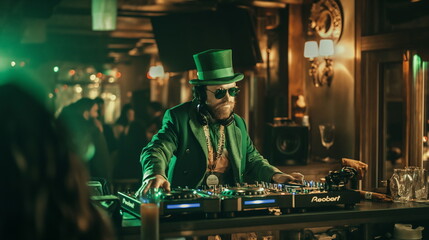 Leprechaun as a DJ in Irish night club or bar on saint patrick's day, green