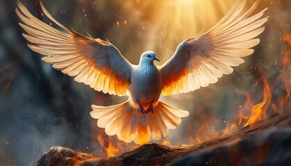 Winged dove in flames. Pentecost Sunday - obrazy, fototapety, plakaty