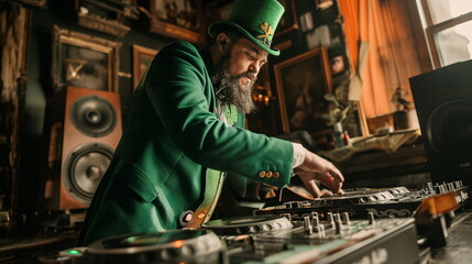 Leprechaun as a DJ in Irish night club or bar on saint patrick's day, green