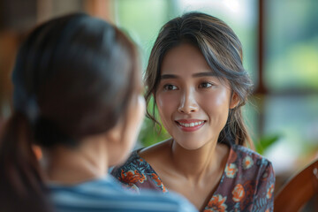 Fototapeta premium Happy adult Asian woman visiting her elderly mother at home