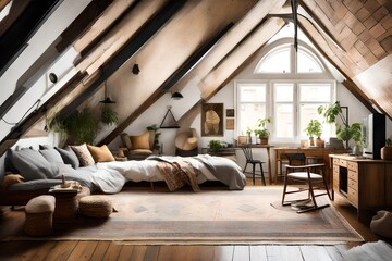 An eclectic attic conversion with slanted ceilings, boho decor, and a cozy vibe