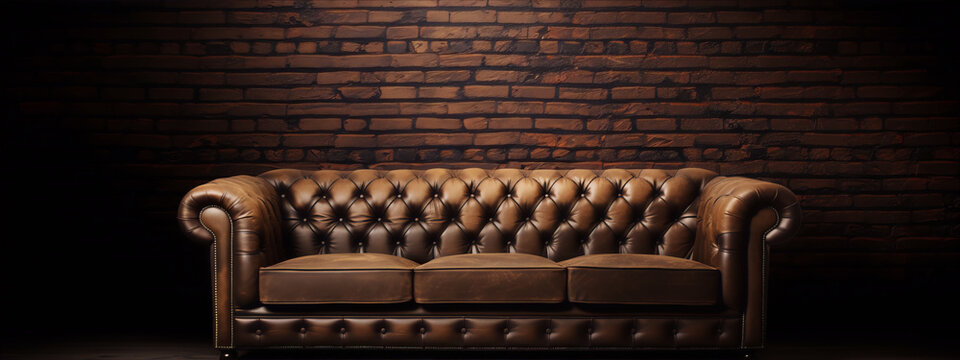 Chesterfield sofa in tufted brown leather against brick wall