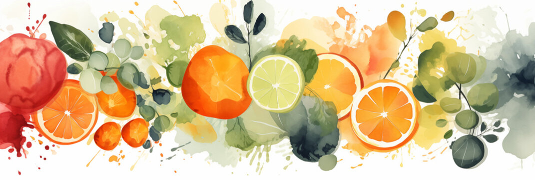 Colorful Watercolor Illustration of Citrus Fruits and Splashes