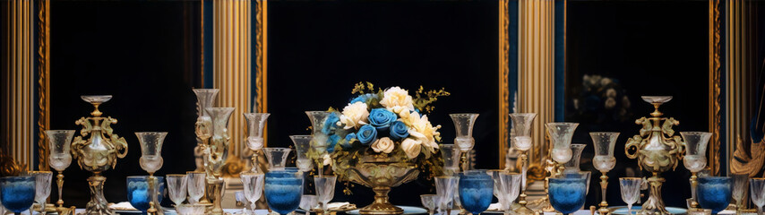 Luxury blue and gold table setting with crystal glasses and flower centerpiece