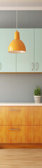 Retro mint green and orange kitchen interior with plant on counter 3d render