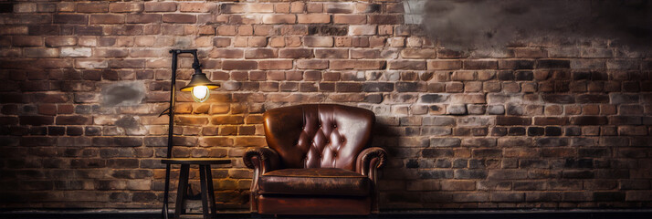 Retro brown leather armchair and stool against brick wall background