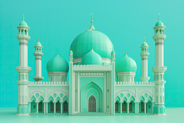 3d blue mosque isolated on a green background. ramadan kareem holiday celebration concept