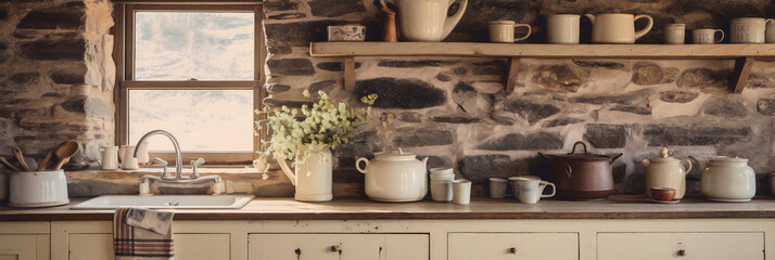 A rustic kitchen with a stone wall, wooden shelves, and a variety of pottery and kitchenware in neutral colors.