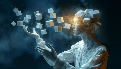 Man surrounded by floating cubes extends his hands, his head formed of geometric shapes