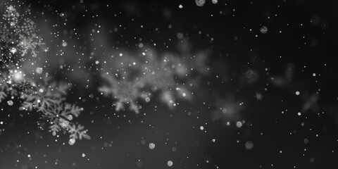 Falling snow  On Black Background.white bokeh defocused background, Abstract dark white Christmas festive background,Christmas and New Year background with white glitter of stars,banner poster design