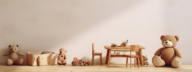 3D rendering of a bright and airy playroom with wooden toys and teddy bears in a minimalist style with neutral colors - obrazy, fototapety, plakaty