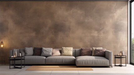 Earthy tones living room interior with concrete wall, large windows and comfortable sofa