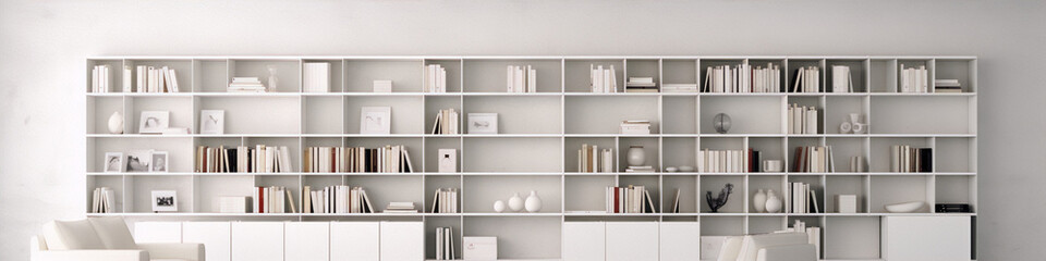 3D rendering of a modern home library with white bookshelves and a white leather chair.
