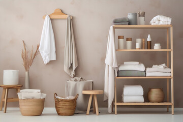 Bathroom interior with natural materials and colors, featuring a wooden shelf with towels, a stool, and a basket.