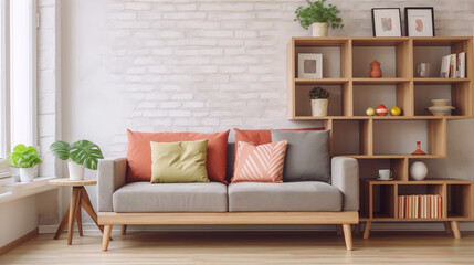 A living room with a gray couch, wooden shelf, plants, and colorful pillows in a modern home interior.