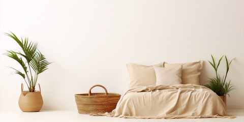 Minimalistic interior with bed and plants against white wall in beige and cream colors.
