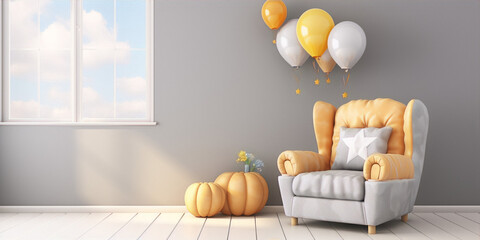 3D rendering of a cozy room with a large window, a gray armchair, a pumpkin, and balloons in the air.