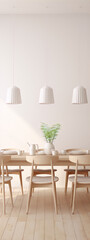 3d rendering of a minimalist dining room with a wooden table and chairs, a vase with a plant in it, and three white lamps hanging from the ceiling.