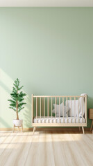 3D rendering of a minimalist nursery with a crib, a plant, and a dresser in a sage green and natural wood color scheme. - obrazy, fototapety, plakaty