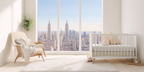 3D rendering of a modern nursery with a crib, rocking chair, and city view.