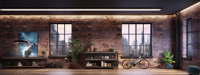 Cityscape view from a modern industrial style living room with brick walls and large windows