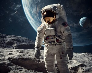 Astronaut on rock surface with space background. Elements of this image furnishe