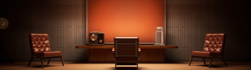Retrofuturism style 3d render of an empty retro office with orange wall and brown leather chairs