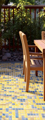 Fototapeta na wymiar 3d rendering of wooden patio furniture on colorful tile floor with blurred background of green plants