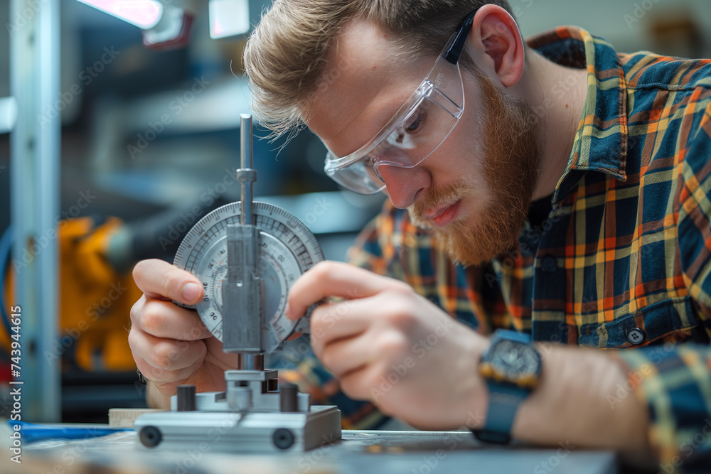 Poster Close-up of a man inspecting a product with a measuring tool.