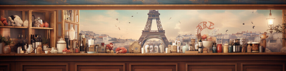 Parisian cafe with Eiffel Tower view, featuring vintage bottles, jars and other objects in warm colors. - obrazy, fototapety, plakaty
