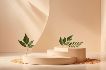 product display podium scene with leaf geometric platform in beige pastel background