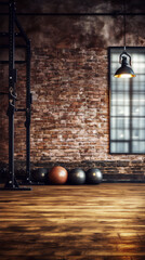 Industrial style empty grunge gym interior with brick walls, wooden floor and exercise balls