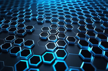 Naklejka premium Abstract black background with blue hexagons, hexagonal pattern