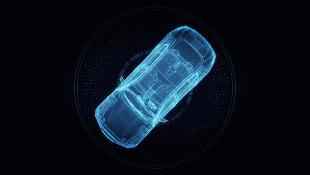 Concept with blue car interface hologram top view. Transport, engineering, future and technology concept. Double exposure 3d rendering.
