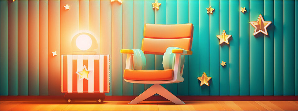 3D rendering of a retro style room with stars on the wall and an orange armchair